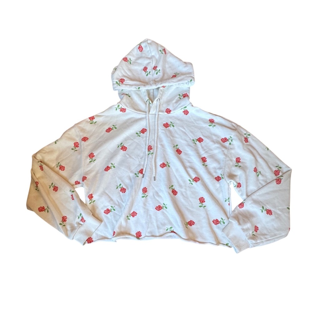 Forever 21 White Rose‎ Floral Print Cropped Hoodie Sweatshirt Large